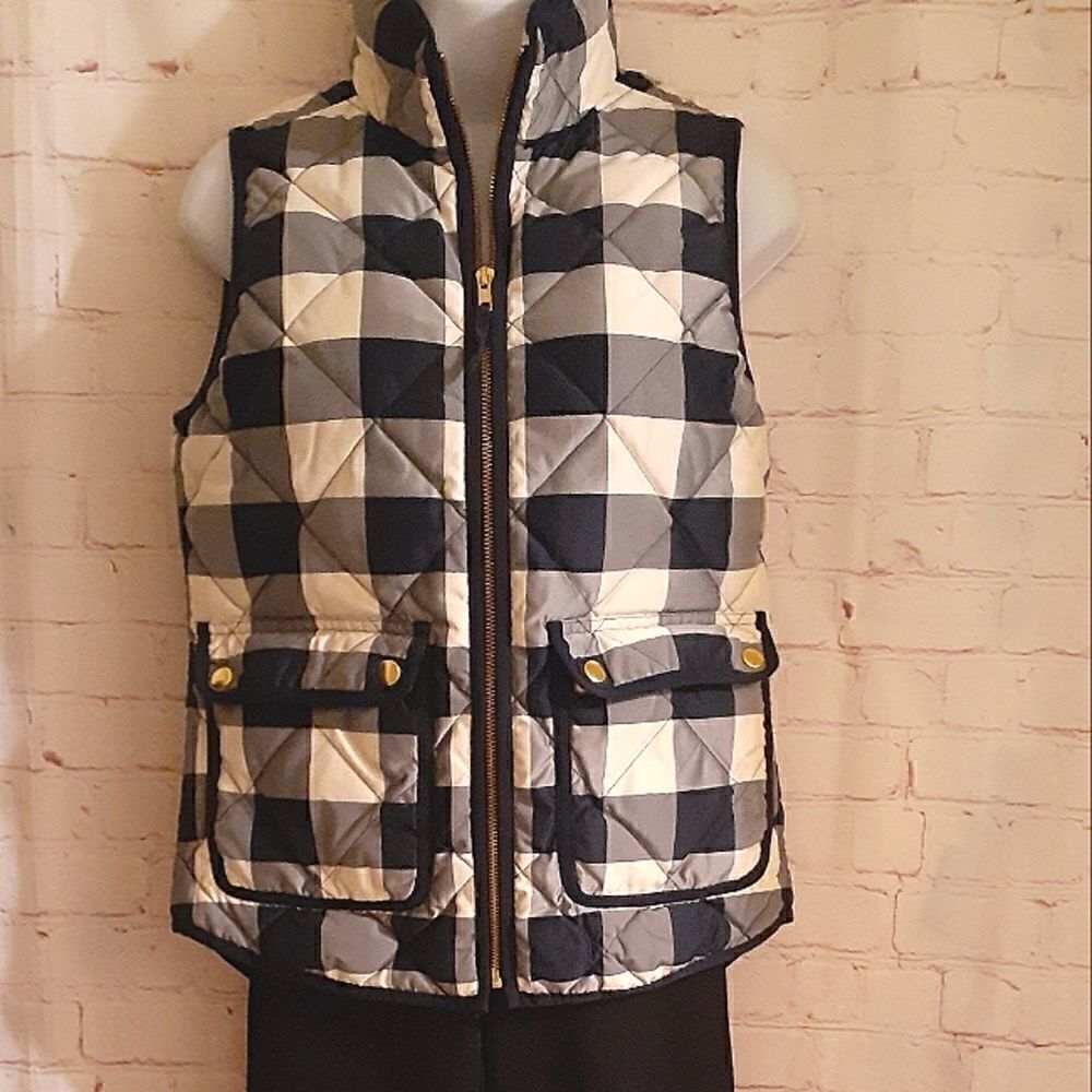 NWOT J.Crew "Excursion" Down Fill Quilted Vest Navy/Ivory Buffalo Check XXS/sz.0